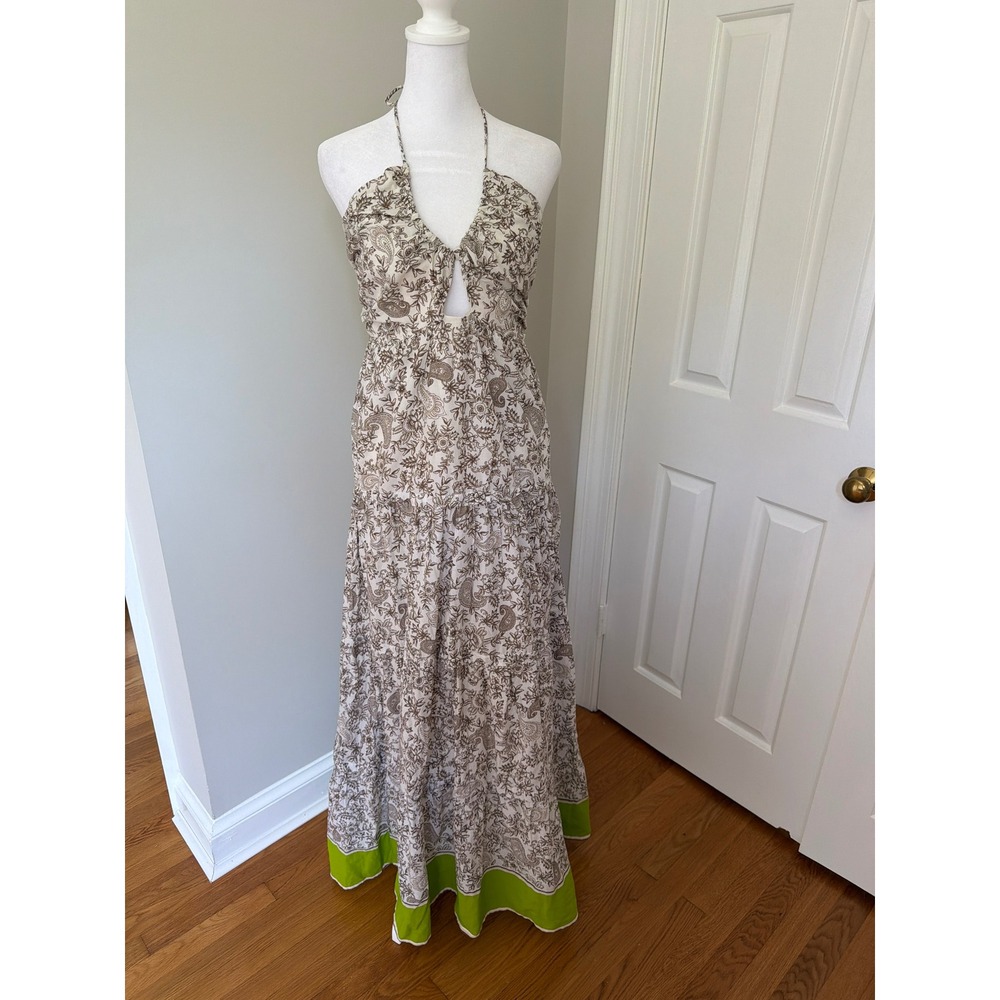Venus Womens Brown Paisley Floral Halter Maxi Dress Cotton Tiered Keyhole Size 6